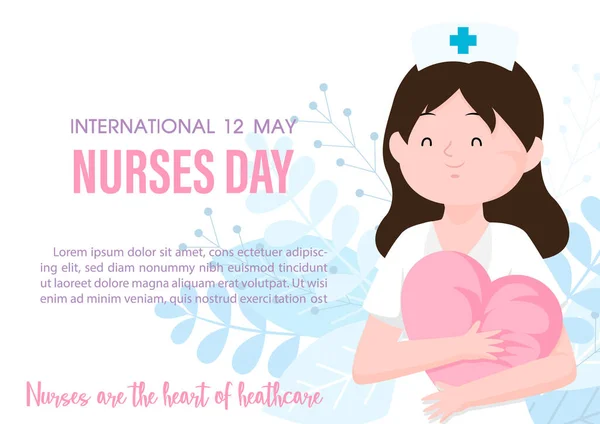 看護師の日の言葉で心臓の形の枕を保持する漫画のキャラクターで看護師 白の背景にテキストの例 国際看護師の日のポスターのキャンペーンフラットスタイルとベクトルデザイン — ストックベクタ