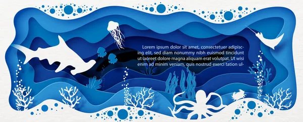 Kart ve poster sahnesi, deniz ve okyanusun altında katmanlar halinde, kağıt kesimi, köpekbalığı ve deniz hayvanlarıyla stil ve vektör tasarımı, örneğin mavi arka plan metinleri..