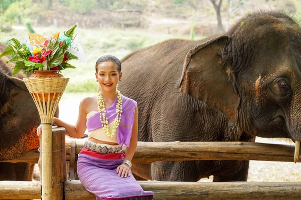 Retrato Hermosa Mujer Tailandesa Rural Usar Tailandés Vestido Tradicional Del — Foto de Stock