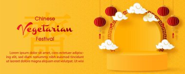 Ürün sahnesi ve pankart vektör tasarımlı Çin vejetaryen festivali dekorasyonlu poster reklamları. Çince 'de Buda' ya ibadet için oruç anlamına gelir..