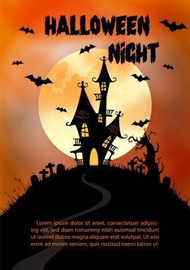 Cadılar Bayramı atmosferindeki hayalet şatoda dev ay ve turuncu arka planda cadılar bayramı yazıları var. Vektör tasarımında Cadılar Bayramı tebrik kartı.