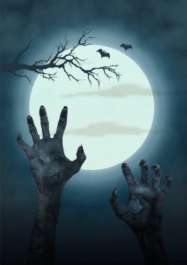 Cadılar Bayramı gecesi korku sahnesinde mezarlıkların siyah silueti ve şeytanın elleri. Vektör tasarımında Cadılar Bayramı tebrik kartı.