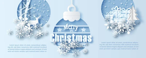 Noel balosu süsleri ve Noel 'in sembolleri kağıt kesim stili ve örnek olarak mavi arkaplan. Vektör tasarımında Noel tebrik kartı ve poster