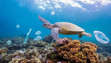 Deniz kaplumbağasının bira şişeleri ve plastik atıklarla okyanusta yüzdüğü deniz mercan resifleri. Okyanus plastik kirliliği farkındalığı kavramı