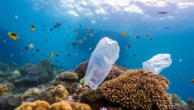 Kapalı deniz mercan resifleri, küçük balıkların bulanıklaştığı bir okyanusta yüzen plastik torbalar. Okyanus plastik kirliliği farkındalığı kavramı