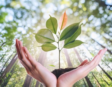 Arka planda bulanık bir çocuk ağacını tutan insan elleri. Yeşil ekoloji koruma ve çevre koruma kavramı: yeşil doğa koruması.
