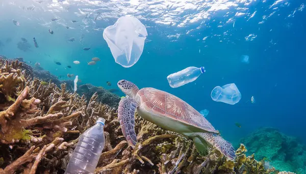 Deniz kaplumbağasının bira şişeleri ve plastik atıklarla okyanusta yüzdüğü deniz mercan resifleri. Okyanus plastik kirliliği farkındalığı kavramı
