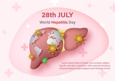 Kelime haritalı insan karaciğeri hepatit virüsü sembolleri ve olaylarla ilgili ifadeler, pembe arkaplandaki örnek metinler. Dünya Hepatit Günü afişi 34 stilde