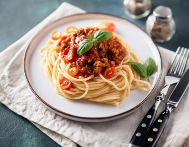 Domates soslu spagetti tabağı ve kıymalı domuz ve çatal.