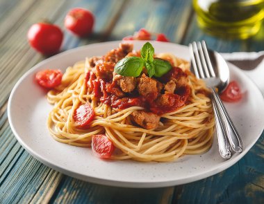 Domates soslu spagetti tabağı ve kıymalı domuz ve çatal.