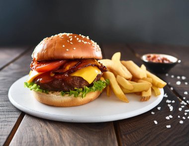 Çedar peynirli ev yapımı sığır burger, domates kaynağı ve beyaz seramik tabakta patates kızartması ve ahşap masa arka planında sebze..