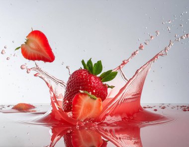 High speed photo of strawberry with splash effect red water for advertising clipart