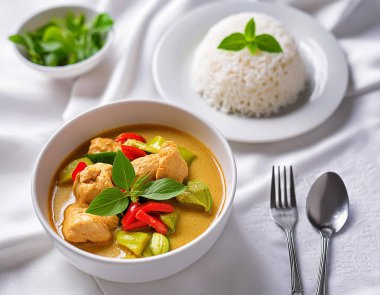 Tayland geleneksel baharatlı köri sosu, beyaz seramik kasede tavuk, akarsu pirinç ve ipek kumaş arka planında paslanmaz kaşık..