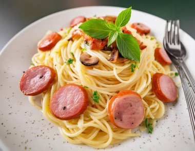 Masada Cabonara kremalı ve sosisli spagetti tabağı.