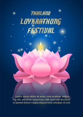 Nehre tapınmada Tayland geleneğinin posteri, Loy Kratong Festivali olaylarla ilgili ifadeler ve koyu mavi arkaplan üzerine metinler.