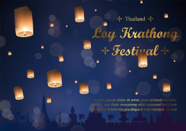 Nehre tapınmada Tayland geleneğinin posteri, Loy Kratong Festivali kadim bir sıcak hava balonu ve olayın sözleriyle dolu, örneğin koyu mavi arkaplan üzerine metinler.