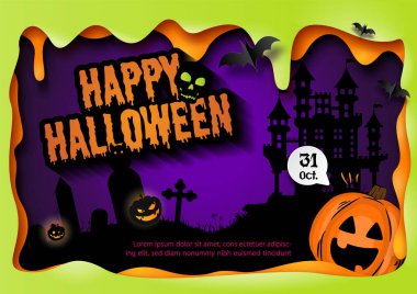 Cadılar Bayramı partisinin posterinde balkabağı kabağı, soyut canavar kanı kağıt kesim stili ve vektör arka plan tasarımı. Vektör tasarımında Cadılar Bayramı tebrik kartı.