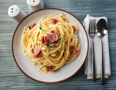 Top view plate of spaghetti ham with Cabonara cream source with fork and spoon on table background. clipart