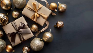 Noel manzarası hediye kutusu ve siyah arka planda süslenmiş altın toplar..