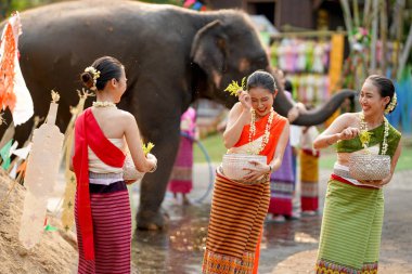 Tayland 'ın geleneksel elbiseleriyle Tayland Yeni Yıl Festivali' nde su serpmek için çalan bir grup güzel Taylandlı kadın ya da Songkran festivali..