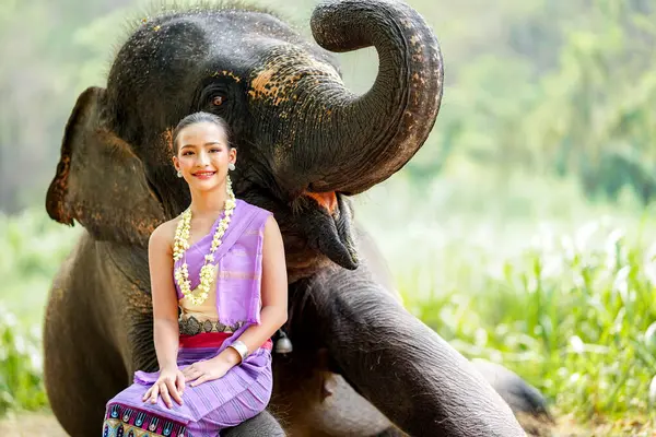 Güzel Taylandlı bir kadının portresi Tayland 'ın kuzeyindeki geleneksel fotoğraf çekimi için doğal arka planı bulanık şirin bir Asya fili giysisi giyer..
