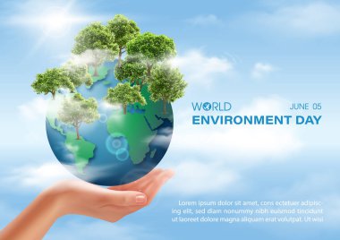 Ormanları ve beyaz bulutları olan, insan eli üzerinde gerçekçi bir dünya. Olayları mavi gökyüzü arka planında anlatıyor. Vektör tasarımında Dünya Çevre Gününün poster kampanyası