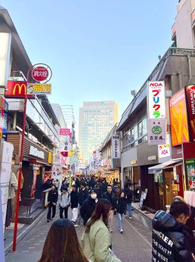 Tokyo şehri, Japonya-12 Aralık 2024: Takeshita Caddesi, Tokyo 'nun Harajuku bölgesindeki sokaklardan biridir. Bu sokakta kostüm giyip gezen genç kızlar var..