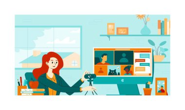 Kadın öğretmen, öğretmen, web kamerasını evden, eğitimden, giyim kuşağından online bir derse hazırlıyorum.