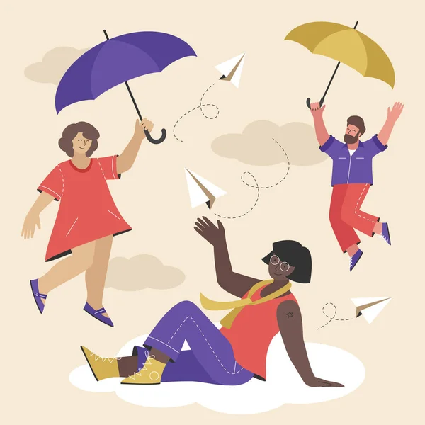 Persone Felici Che Volano Nuvole Con Ombrelli Vettoriale Illustrazione Stile — Vettoriale Stock