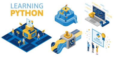 Python programming language certification. Set of isometric illustrations. clipart svg vector 