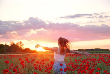 Gün batımında çiçek haşhaş tarlasında koşan güzel bir genç kız. Çayırda bir sürü kırmızı çiçekli manzara, doğal cennet gibi bahar günbatımı.