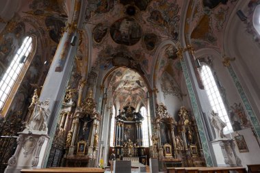 HALL IN TYROL, AUSTRIA - JULY 30, 2022: Inside of the parish church of St. Nicholas, in the old town of Hall in Tyrol, Austria