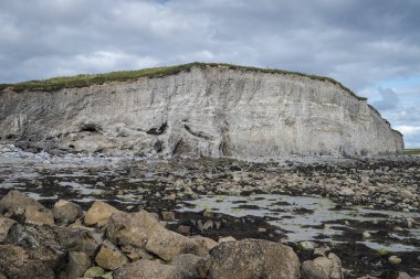 Silverstrand, Galway, İrlanda 'daki Rocky plajı. Büyük bir uçurum, parçalı bulutlu gökyüzü, ve sakin deniz, doğal güzellikler ve jeolojik özellikler sergiliyor.