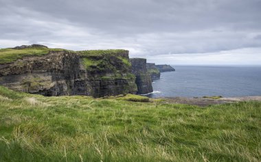 İrlanda 'nın batı kıyısındaki Moher Kayalıkları' nda gri gökyüzünün altındaki uçurumun kenarına uzanan yeşil çimenler doğal manzarayı ve jeolojik özellikleri gözler önüne seriyor.
