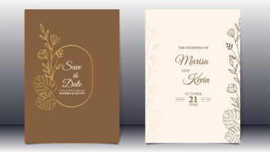 Altın çizgili lüks düğün davetiyesi. Minimalist çiçekli premium vektör.