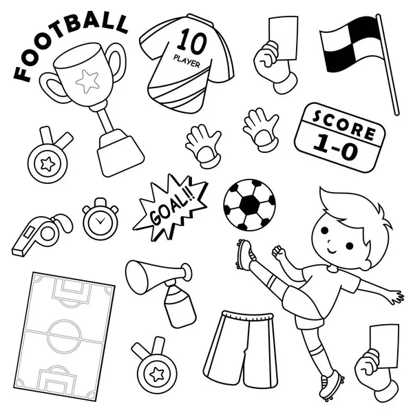 Çizgili futbol oyuncuları ve ekipmanları ile Doodle vektörü ayarlandı