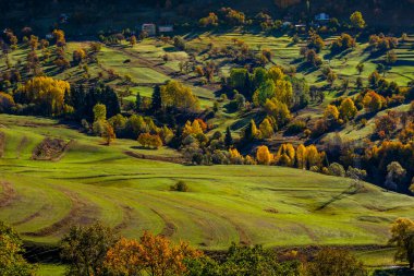 Savsat Bölgesi 'nde sonbahar sezonu. Artvin, Türkiye. Savsat Gözlem Terası 'ndan güzel bir sonbahar manzarası. Renkli doğa görünümü.