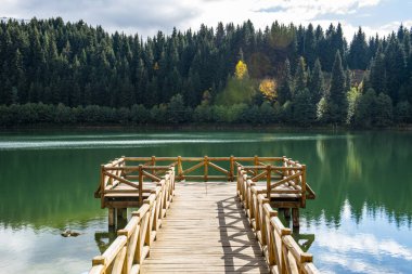 Savsat 'taki Karagol Gölü. Artvin, Türkiye. Göldeki ahşap iskele. Karagol 'da sonbahar manzarası. Gölü yansıtan güzel renkler ve manzara. Sahra Ulusal Parkı 'ndaki göl.