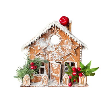 Noel kurabiyesi evi. El yapımı zencefilli kek evi. Mesajlı lezzetli kurabiye: 2023 'e hoş geldiniz. Kırpma Yolu. İzole edilmiş.