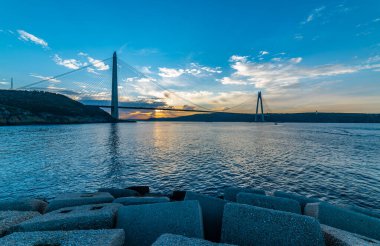 Yavuz Sultan Selim Bridge in Istanbul, Turkey. 3rd bridge of Istanbul Bosphorus with blue sky. Sunset view