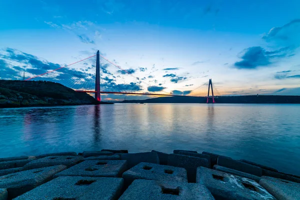 Yavuz Sultan Selim Bridge in Istanbul, Turkey. 3rd bridge of Istanbul Bosphorus with blue sky. Sunset view