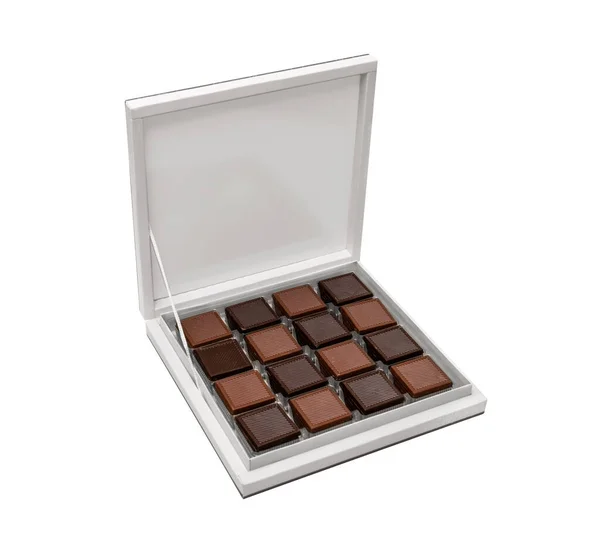 Boîte Chocolat Ouverte Chocolats Carrés Laiteux Noirs Boîte Blanche Isolé — Photo