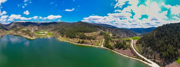 stock image Cubuk Lake in Goynuk District of Bolu, Turkey.  Beautiful lake view with windmills. Shooting with drone.