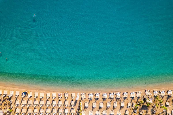 Aerial View Sea Empty Sandy Beach Sun Beds Umbrellas Sunny — Stock Photo, Image