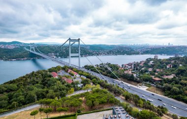 İstanbul 'daki Fatih Sultan Mehmet Köprüsü' nün havadan görünüşü. İstanbul Boğazı 'nın güzel manzarası. İHA atışı.
