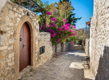 Türkiye 'nin Mugla kentindeki Eski Datca Bölgesi. Eski Datca Bölgesi 'nin tipik nostaljik taş evleri. Datca, Mugla. Begonville ile güzel bir sokak manzarası.