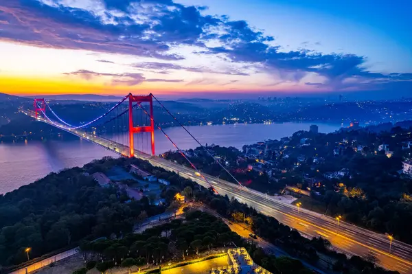 Aerial View Fatih Sultan Mehmet Bridge Istanbul Turkey Beautiful Sunrise — Stock Photo, Image