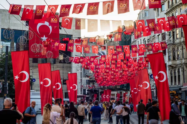 Istanbul Turkey October 2023 Taksim Istiklal Street Decorated Turkish Flags — Stock Photo, Image