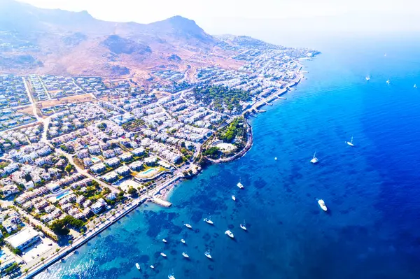 stock image Aerial view of Turgutreis, Bodrum. Mugla, Turkey. Panoramic view of Turgutreis marina and beach. Drone shot.