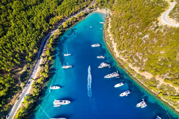 stock image Paradise Bay (Turkish: Cennet Koyu) in Bodrum. Mugla, Turkey. One of the most beautiful bays in Bodrum with blue sea and nature. Drone shot.